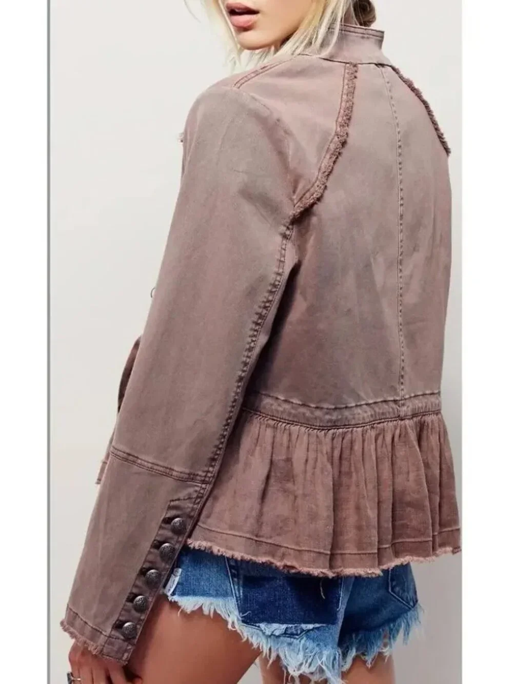 FREE PEOPLE Ruffled Flare Hem Cropped Military Jacket Coat – Medium
